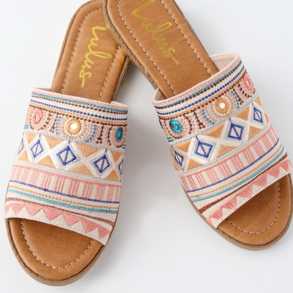 Kamala Beige Embroidered Slide Sandals - Picture 2 of 3